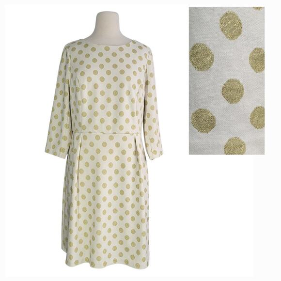 Boden Polka Dot Jacquard Dress US 12R Cream Gold Knit Holiday Party Knee Length - Picture 1 of 14